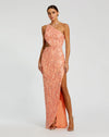 Mac Duggal, Asymmetric one shoulder lace back sequin gown - Peach #6084