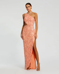 Mac Duggal, Asymmetric one shoulder lace back sequin gown - Peach #6084