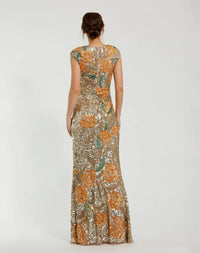 Fitted Cap Sleeve Gown With Floral Beading - Gold