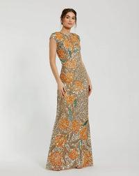 Fitted Cap Sleeve Gown With Floral Beading - Gold