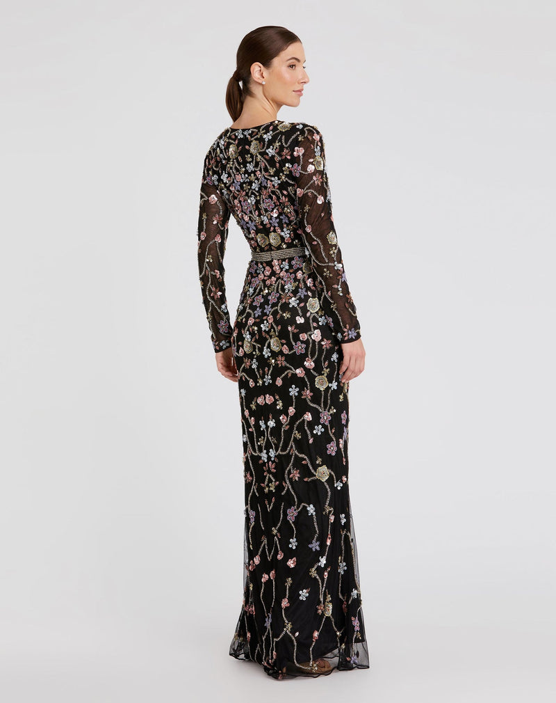 Floral embellished long sleeve modest gown - Black