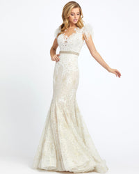 Embellished Feather Cap Sleeve Illusion Neck Trumpet Gown - Ivory Nude