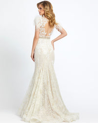 Embellished Feather Cap Sleeve Illusion Neck Trumpet Gown - Ivory Nude