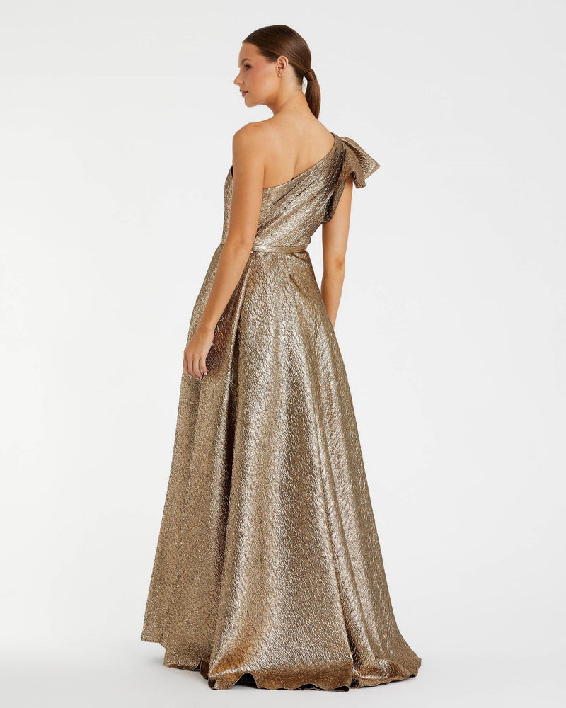 One shoulder metallic ballgown - Antique Bronze