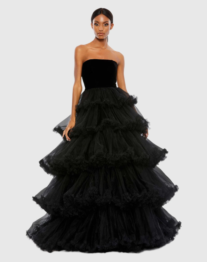 Mac Duggal, Black Strapless Tiered Ruffle Ballgown #67408