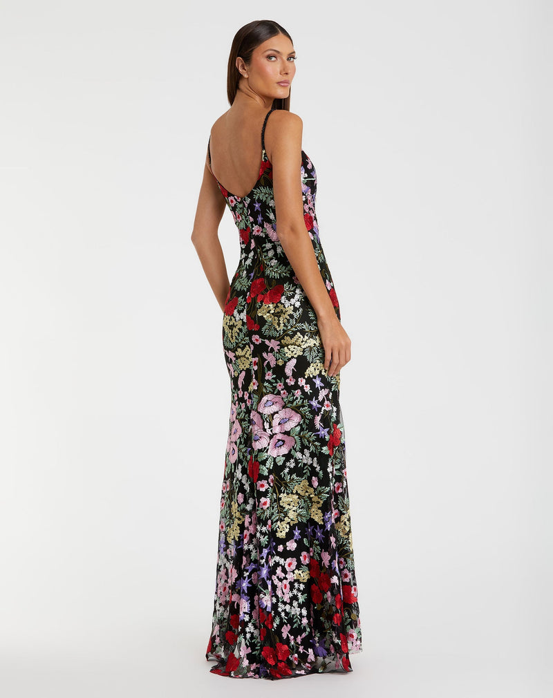 Floral Embroidered Lace Evening Gown - Black