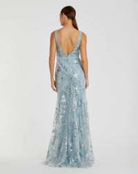 Blue Embellished Sleeveless Plunge Neck Gown - Seafoam