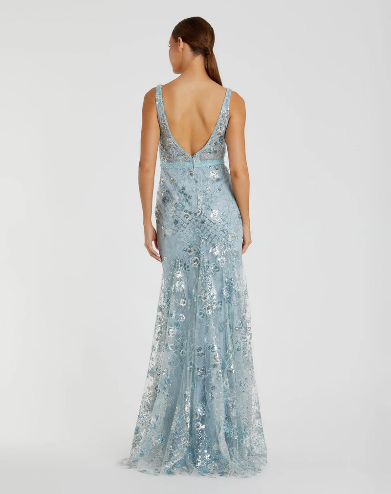 Blue Embellished Sleeveless Plunge Neck Gown - Seafoam