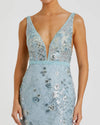 Blue Embellished Sleeveless Plunge Neck Gown - Seafoam