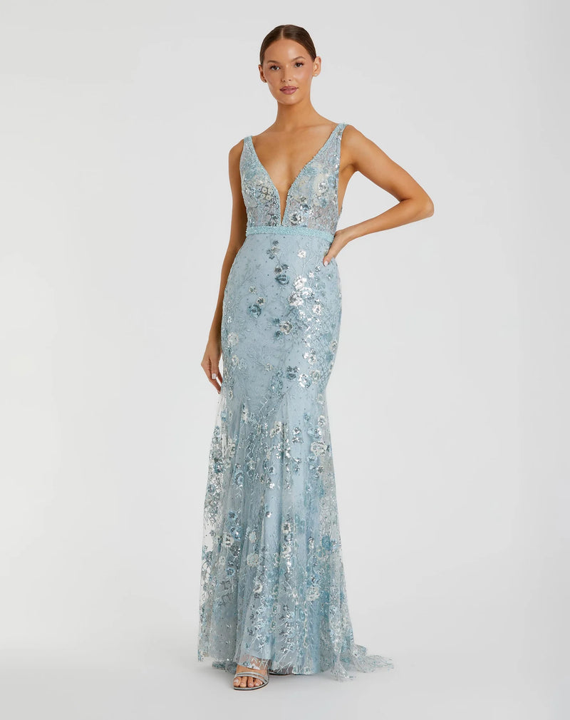 Mac Duggal #67481 Blue Embellished Sleeveless Plunge Neck Gown Seafoam