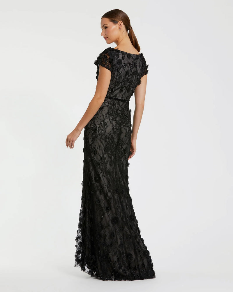 Floral Applique Boat Neck Short Sleeve Gown - Black