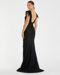 Feather Cap Sleeve Lace Gown - Black