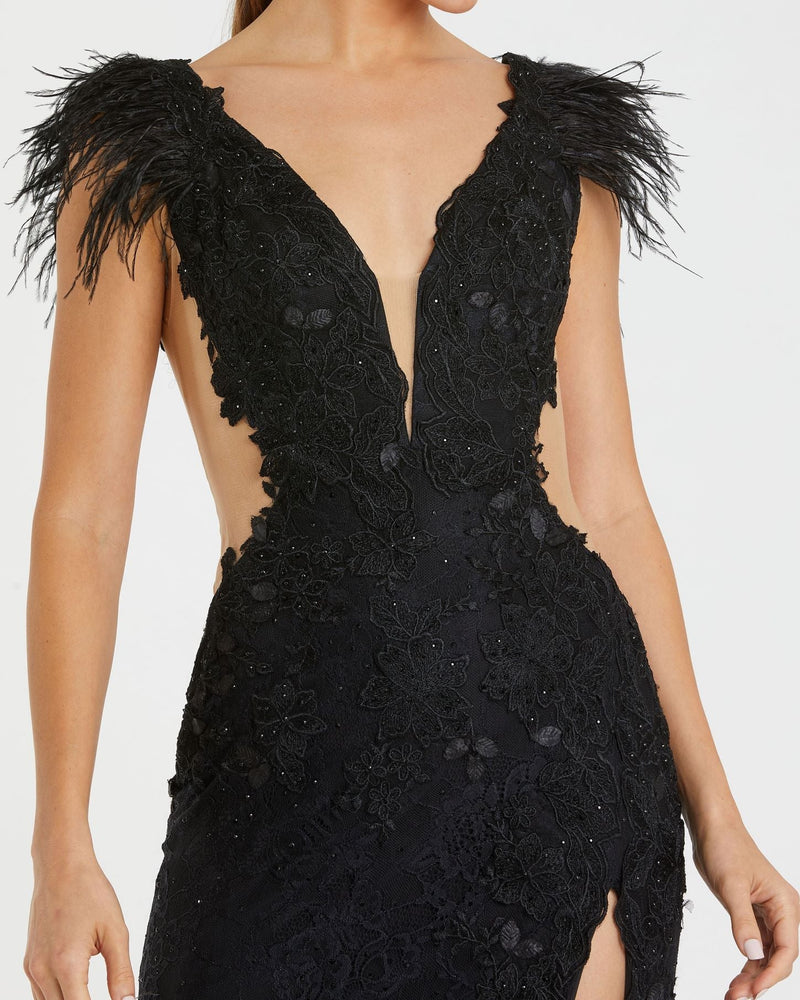 Feather Cap Sleeve Lace Gown - Black