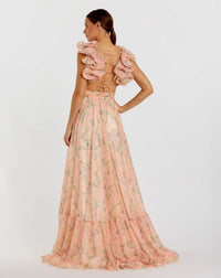 Ruffle tiered floral cut-out chiffon gown - Pink Multi