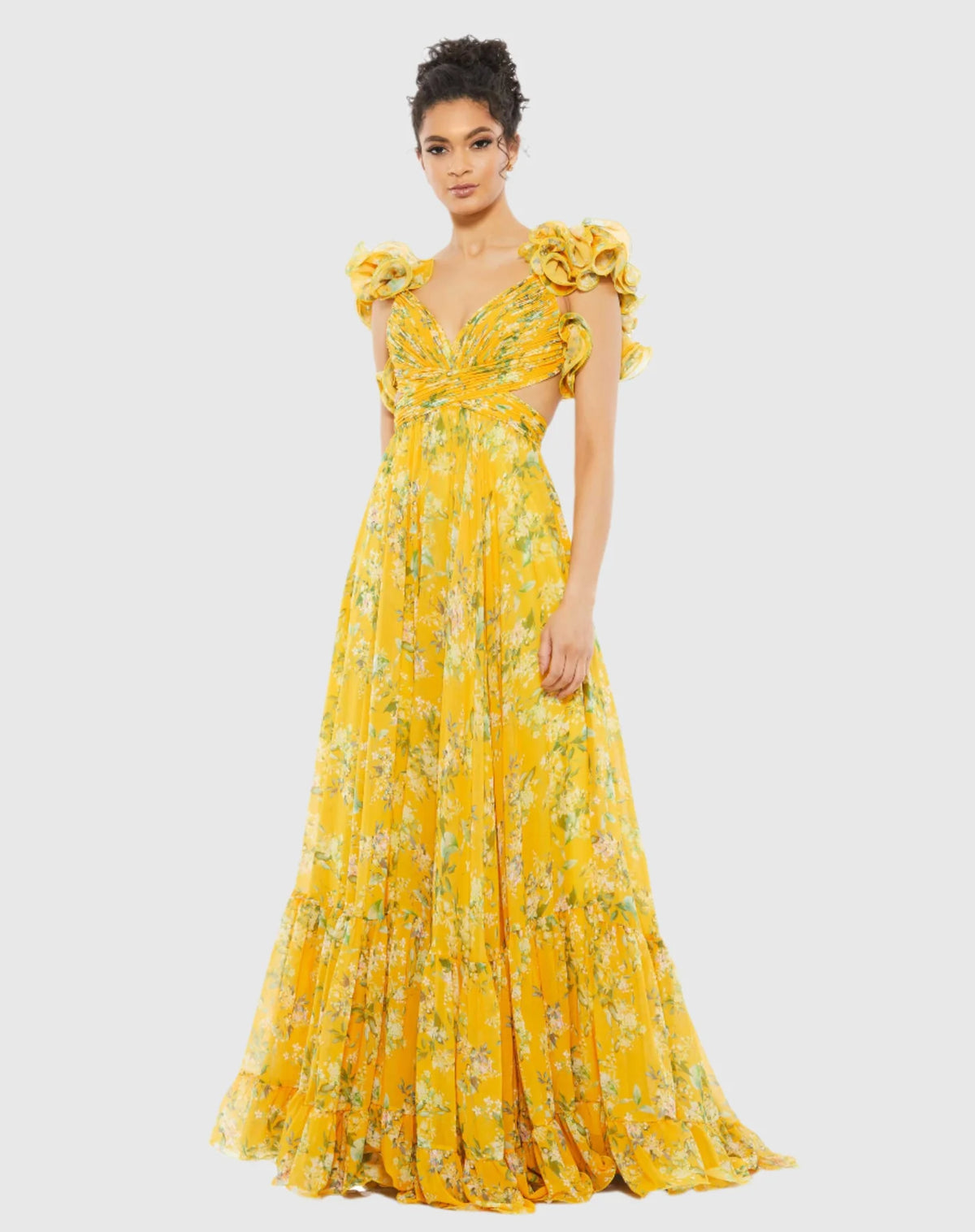 Mac Duggal Ruffle Yellow Floral Lace Up Maxi Dress - Lemon Yellow #67803 