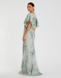 Bell Sleeve Floral Embellished Gown - Seafoam