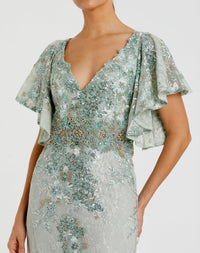 Bell Sleeve Floral Embellished Gown - Seafoam