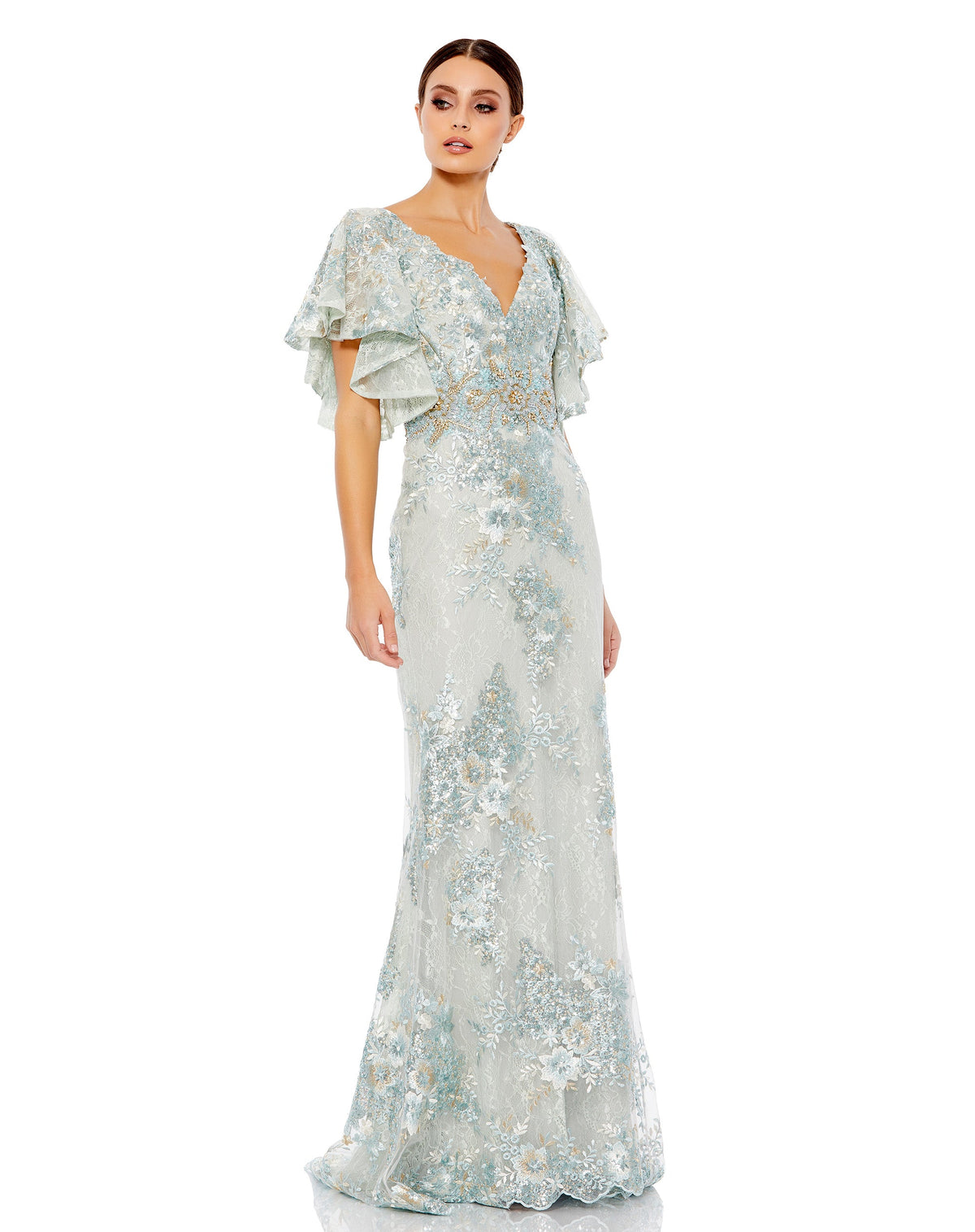 Mac Duggal #67842 Bell Sleeve Floral Embellished Gown - Seafoam