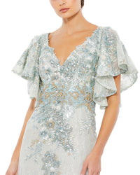 Bell Sleeve Floral Embellished Gown - Seafoam