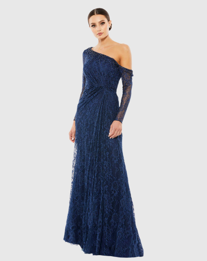 Mac Duggal, One sleeve lace evening gown - Navy #67852