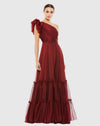 Mac Duggal, Organza Wine Ruffled Evening Gown