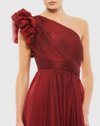 Organza one-shoulder pleated gown - Wine