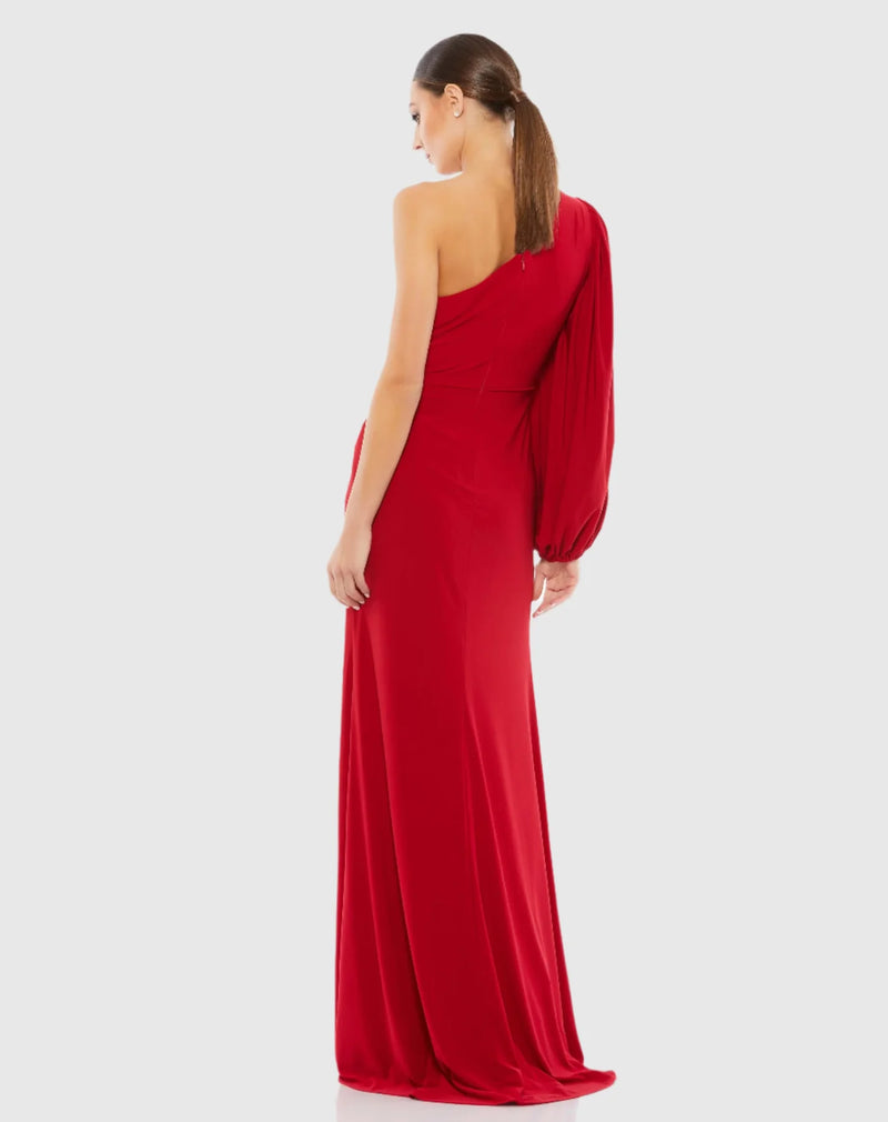 One shoulder puff sleeve wrap gown - Red