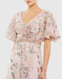 Floral Embellished Short Sleeve Gown - Rose Pink