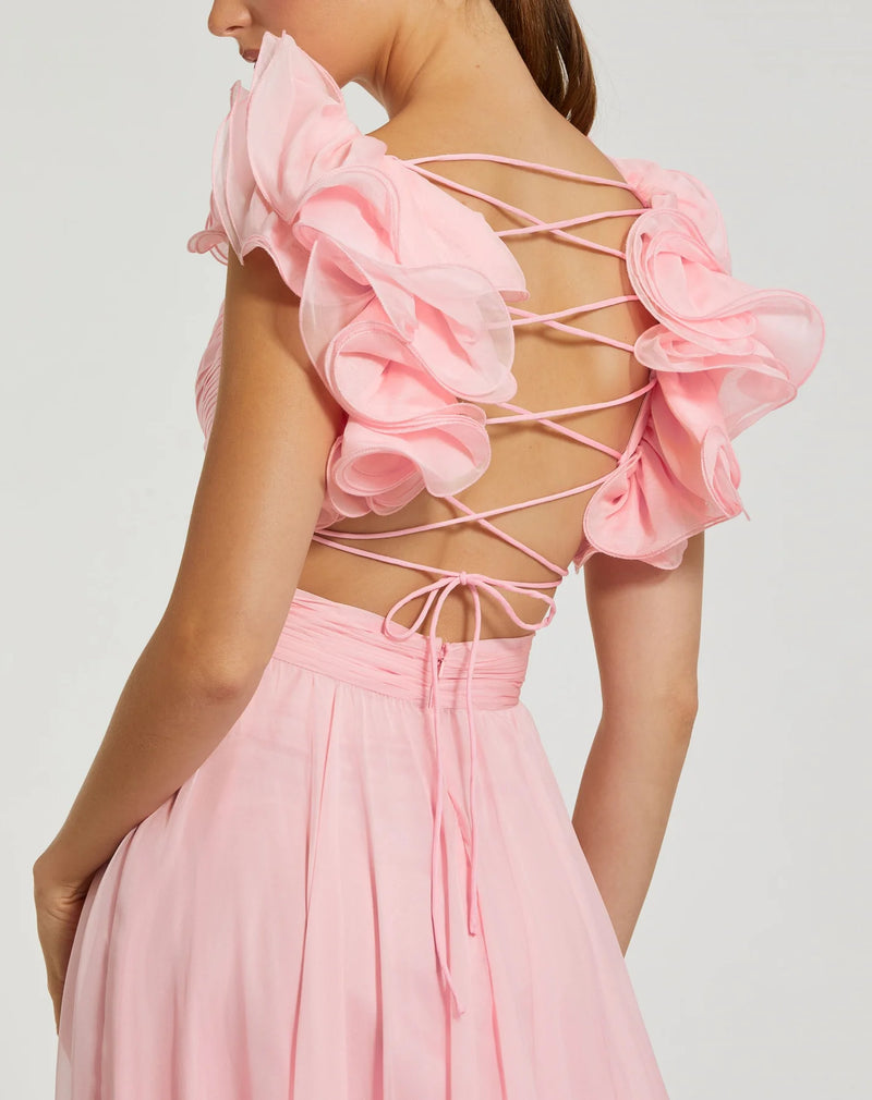 Ruffle tiered floral cut-out chiffon gown - Blush