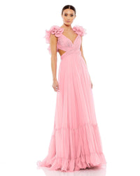 Ruffle tiered floral cut-out chiffon gown - Hot Pink