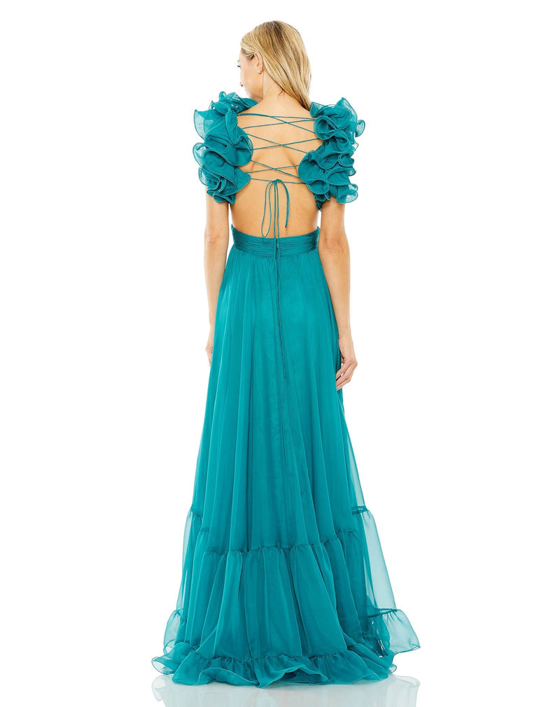 Ruffle tiered floral cut-out chiffon gown - Powder Blue