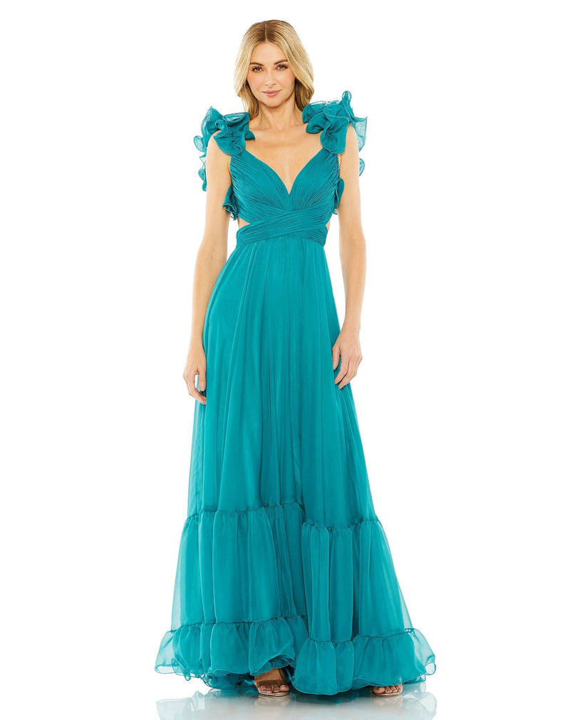 Ruffle tiered floral cut-out chiffon gown - Powder Blue