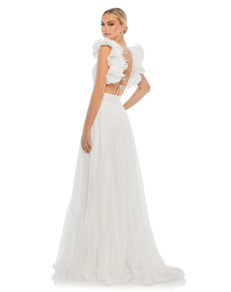 mac duggal, engagement dress, RUFFLE TIERED CUT-OUT CHIFFON GOWN, white, Style #67911 back 