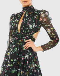 Floral High Neck Cut Out Dress - Black