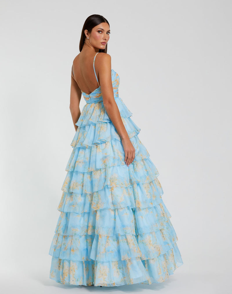 Floral Cut Out Ruffle Tiered Gown - Blue