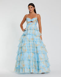 Floral Cut Out Ruffle Tiered Gown - Blue