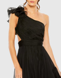 Ruffled One Shoulder Asymmetrical Gown - Black