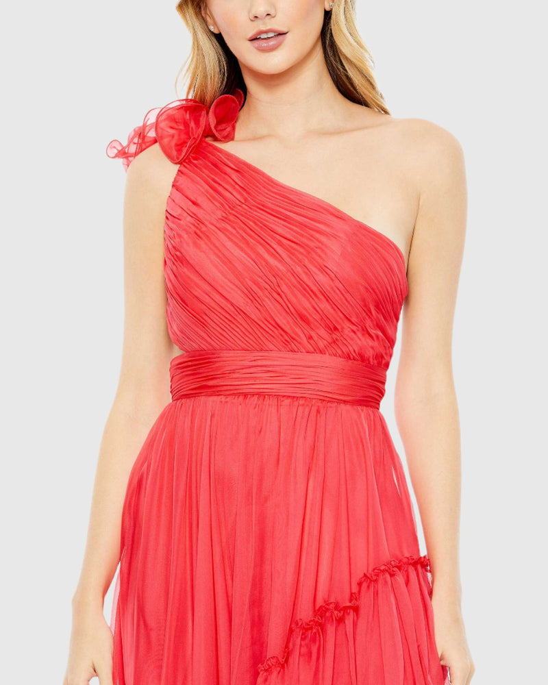 Ruffled One Shoulder Asymmetrical Gown - Cherry