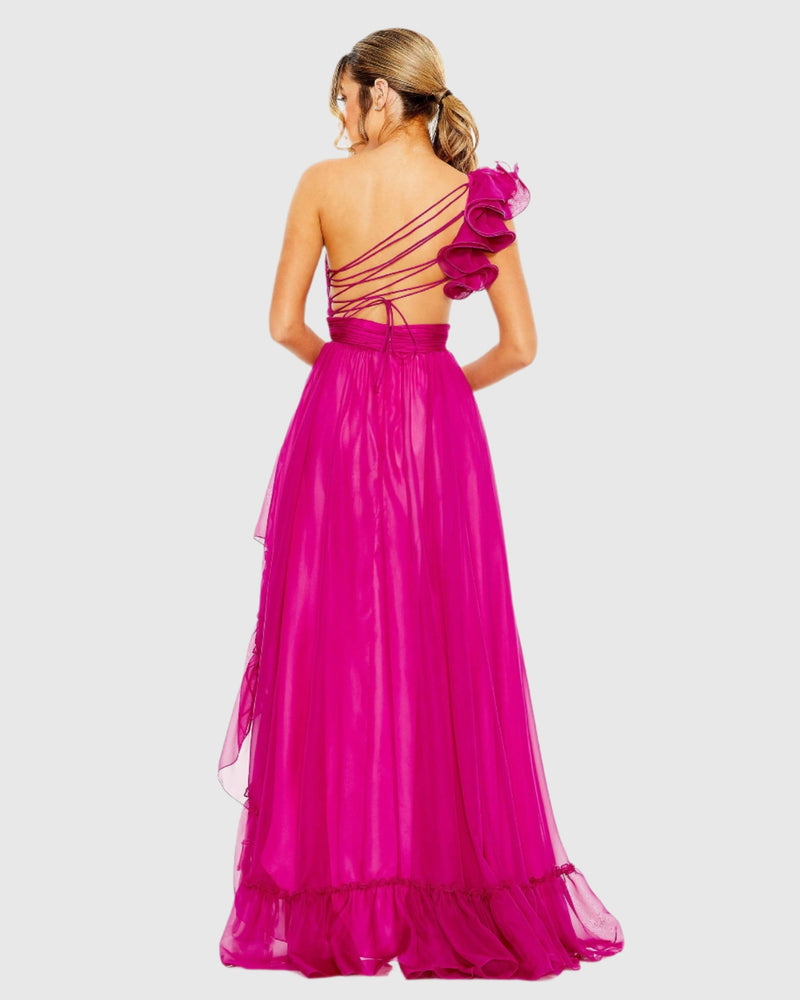 Ruffled One Shoulder Asymmetrical Gown - Cherry