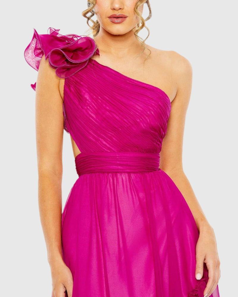 Pink Ruffled One Shoulder Asymmetrical Gown - Magenta