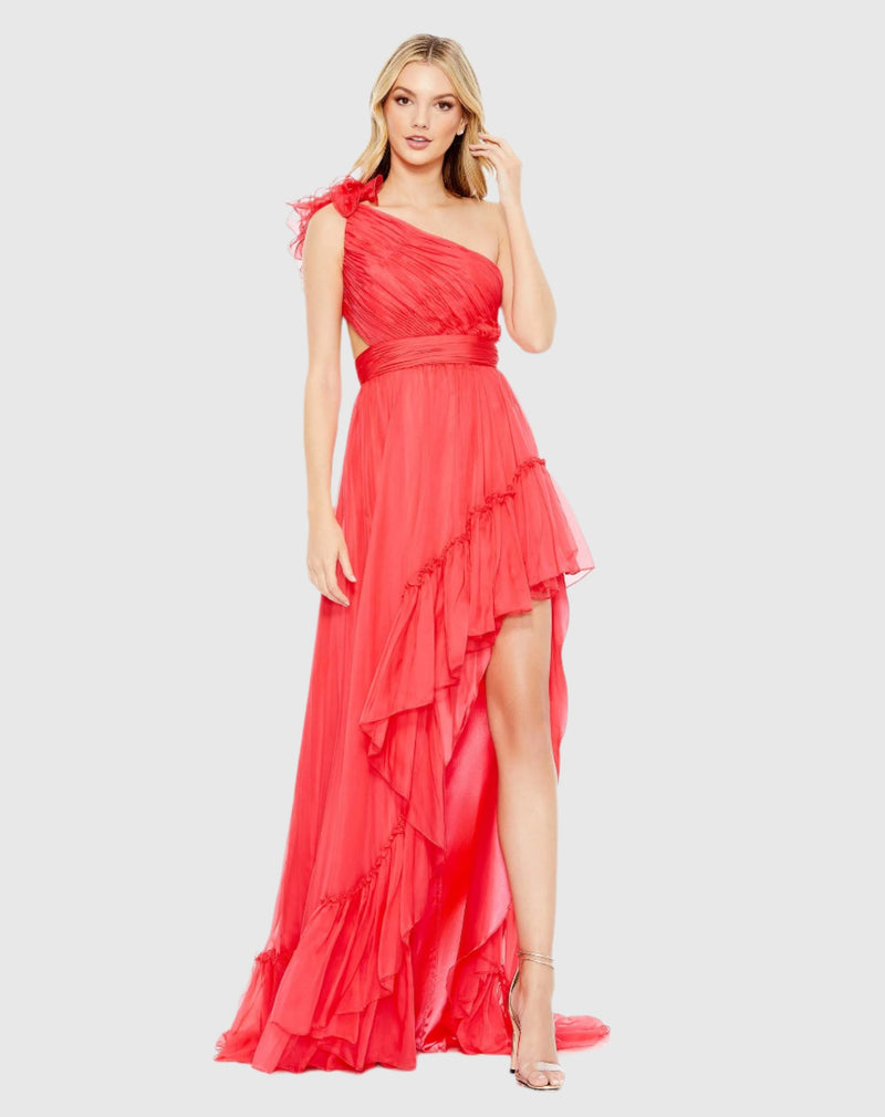 Mac Duggal Pink Ruffled One Shoulder Asymmetrical Gown #67989 Red