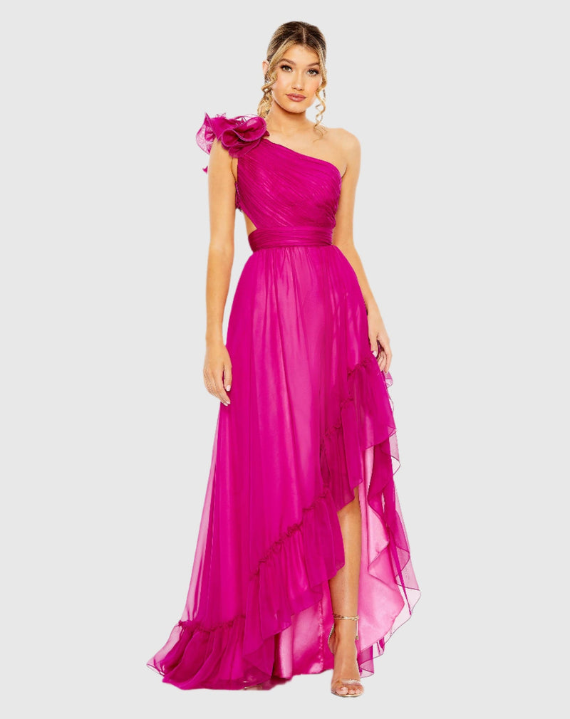 Mac Duggal Pink Ruffled One Shoulder Asymmetrical Gown #67989 Magenta