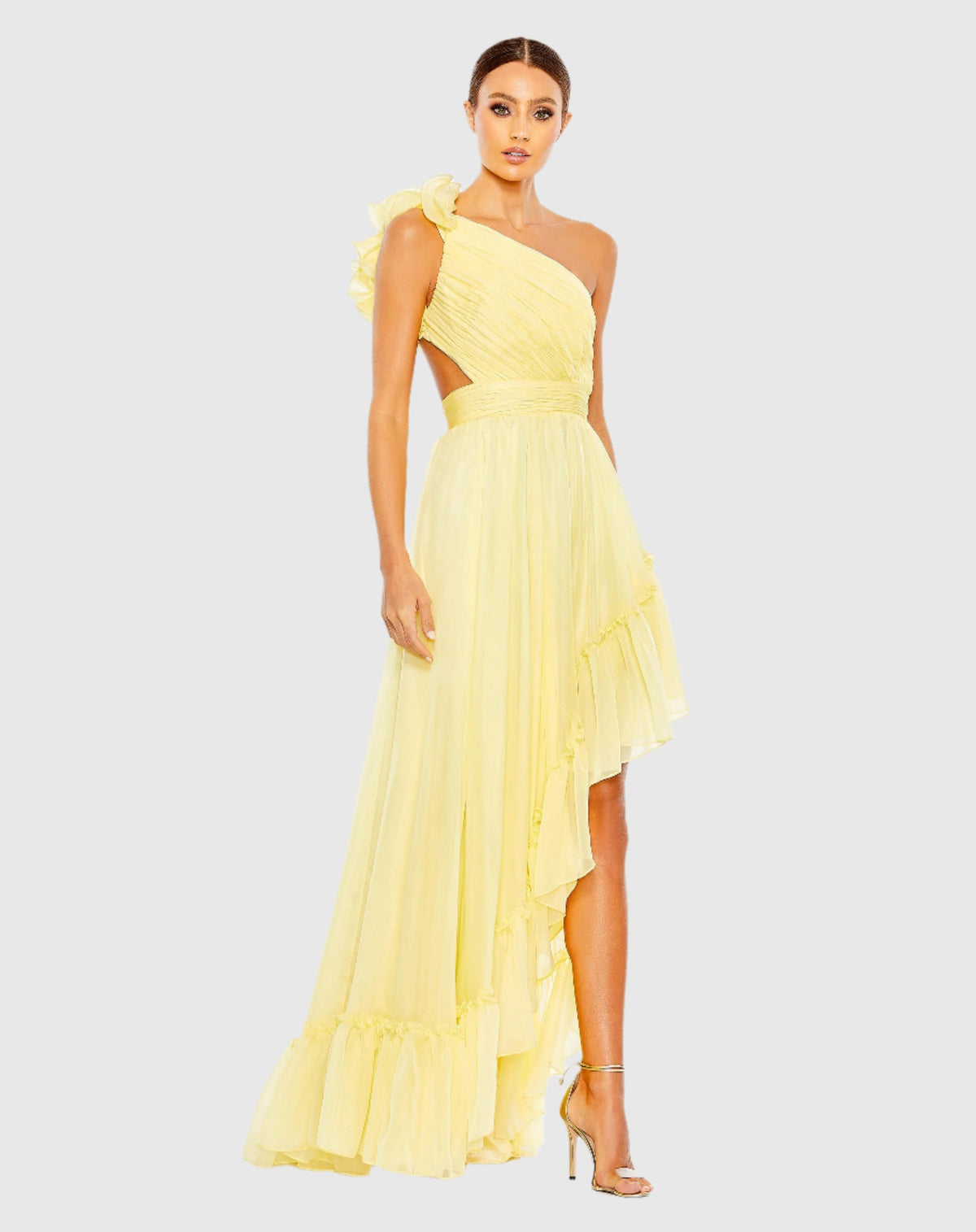 Mac Duggal Ruffled One Shoulder Asymmetrical Gown #67989 Yellow