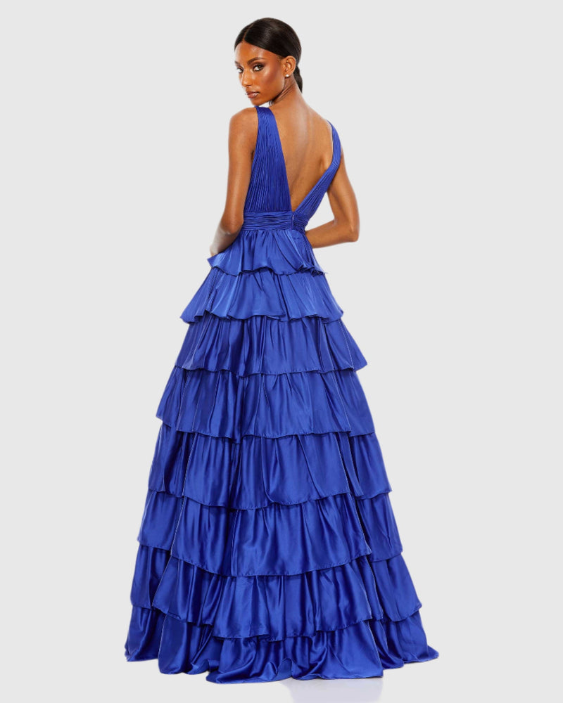 Ruffle Tiered Pleated Sleeveless V Neck Gown - Cobalt