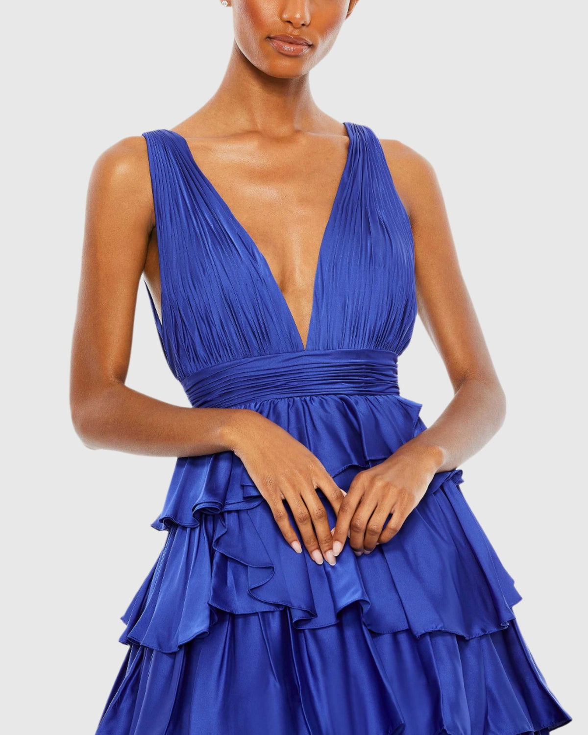 Ruffle Tiered Pleated Sleeveless V Neck Gown - Cobalt