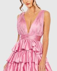 Pink Ruffle Tiered Pleated Sleeveless V Neck Gown - Cobalt