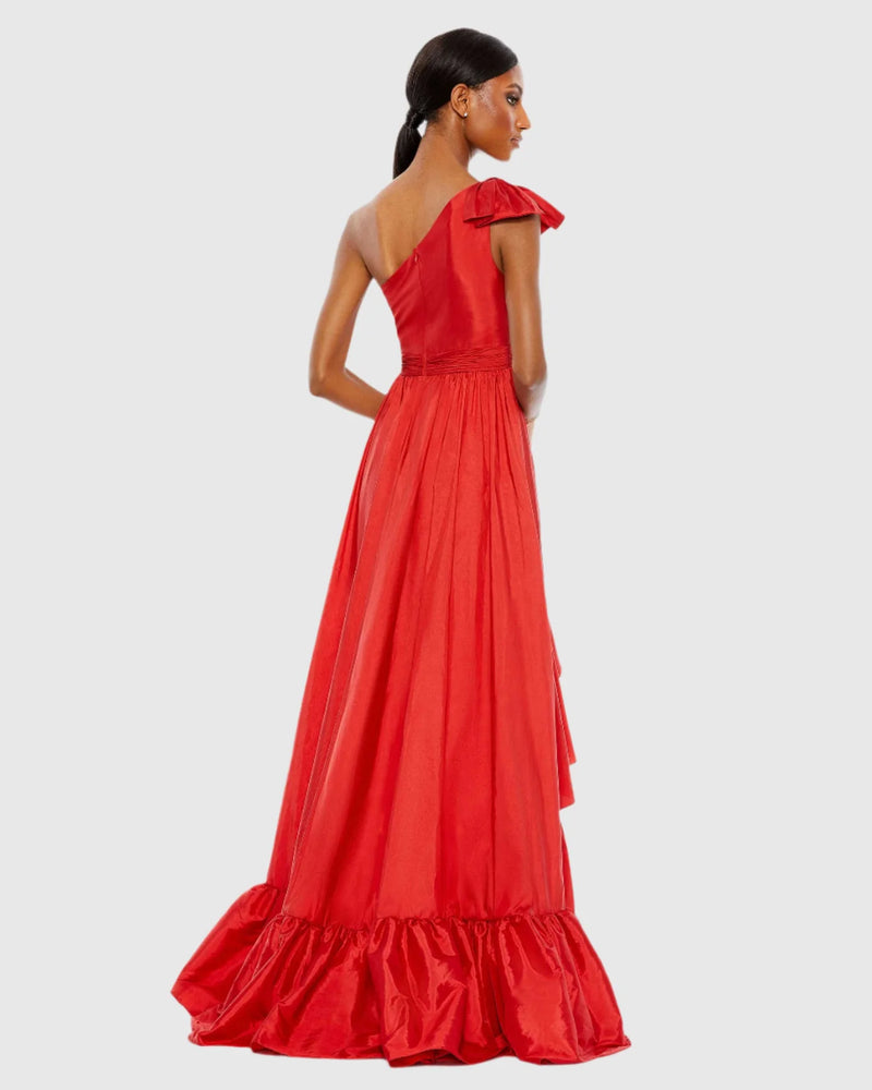 Bow one-shoulder ruffle asymmetrical hem gown - Red