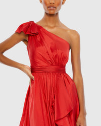 Bow one-shoulder ruffle asymmetrical hem gown - Red