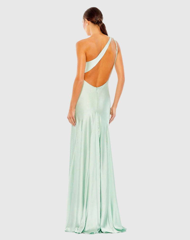 Beaded asymmetric one shoulder Grecian column gown - Sage