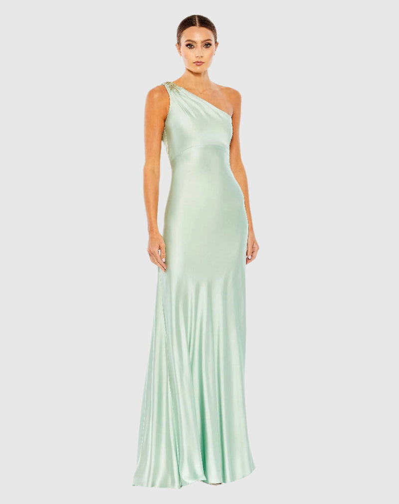 Mac Duggal Beaded One Shoulder Column Gown #680461 Sage Green